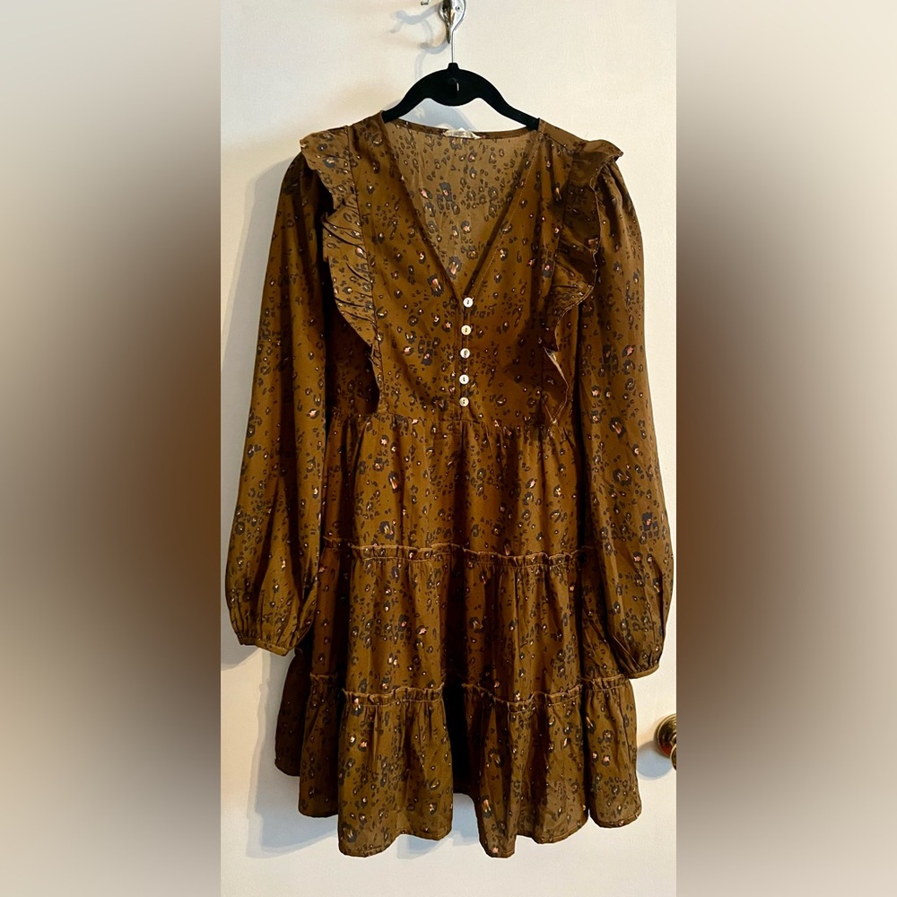 JODIFL Brown Leopard‎ Print Long Sleeve Dress-Small